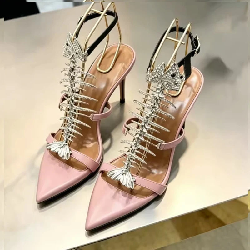 Fishbone Rhinestone Open Toe Stiletto Sandals Woman Summer 2026 Pointed Toe Ankle Strap High Heel Shoes Party Wedding