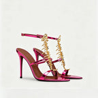 Fishbone Rhinestone Open Toe Stiletto Sandals Woman Summer 2026 Pointed Toe Ankle Strap High Heel Shoes Party Wedding
