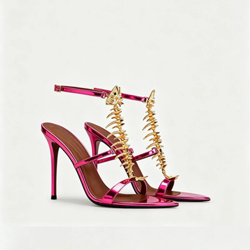 Fishbone Rhinestone Open Toe Stiletto Sandals Woman Summer 2026 Pointed Toe Ankle Strap High Heel Shoes Party Wedding