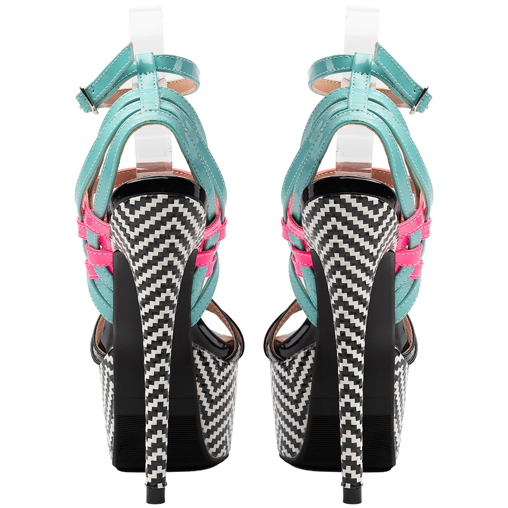 Color-Block Multistrap Patent Platform Stiletto Sandals Women Chevron Print High Heel Party Shoes Ladies Nightclub Footwears