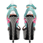 Color-Block Multistrap Patent Platform Stiletto Sandals Women Chevron Print High Heel Party Shoes Ladies Nightclub Footwears