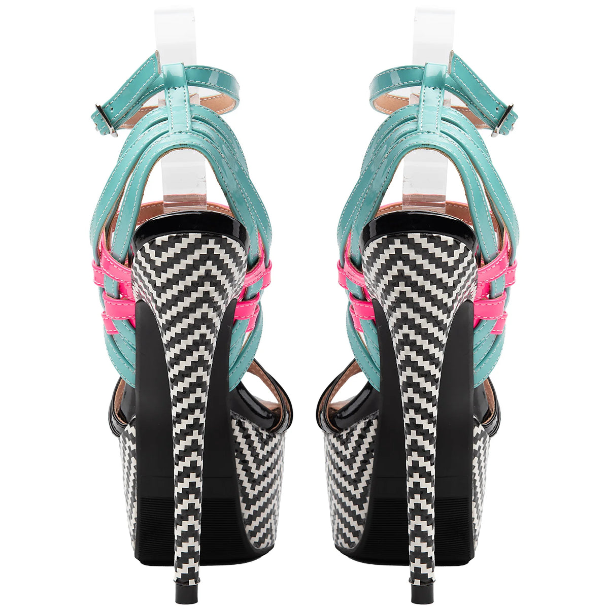 Color-Block Multistrap Patent Platform Stiletto Sandals Women Chevron Print High Heel Party Shoes Ladies Nightclub Footwears