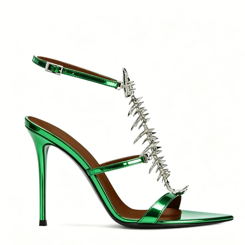 Fishbone Rhinestone Open Toe Stiletto Sandals Woman Summer 2026 Pointed Toe Ankle Strap High Heel Shoes Party Wedding