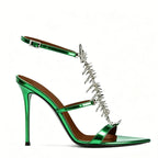 Fishbone Rhinestone Open Toe Stiletto Sandals Woman Summer 2026 Pointed Toe Ankle Strap High Heel Shoes Party Wedding