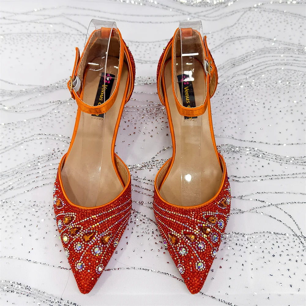 Elegant Italian Rhinestone Pointed-Toe High Heel Shoes with Matching Handbag Set - Stylish & Comfortable Women's Footwear