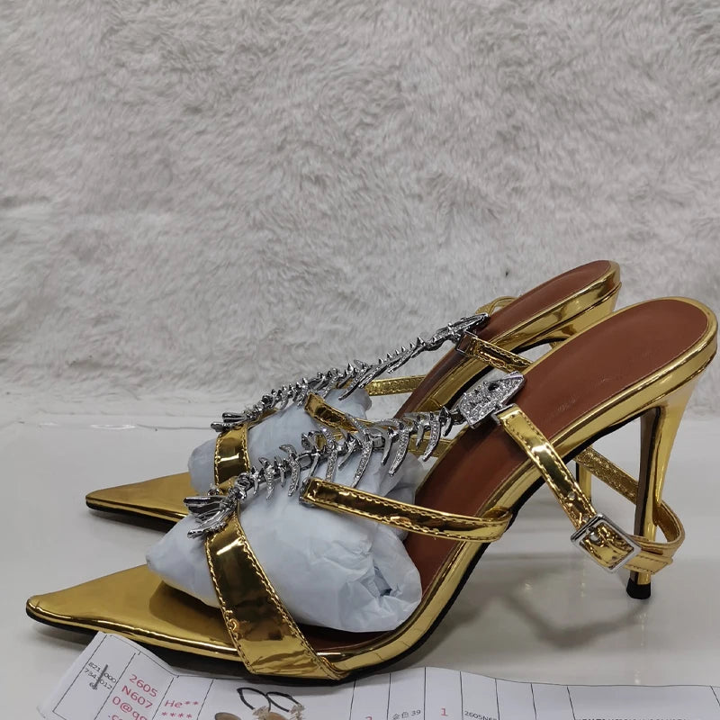 Fishbone Rhinestone Open Toe Stiletto Sandals Woman Summer 2026 Pointed Toe Ankle Strap High Heel Shoes Party Wedding