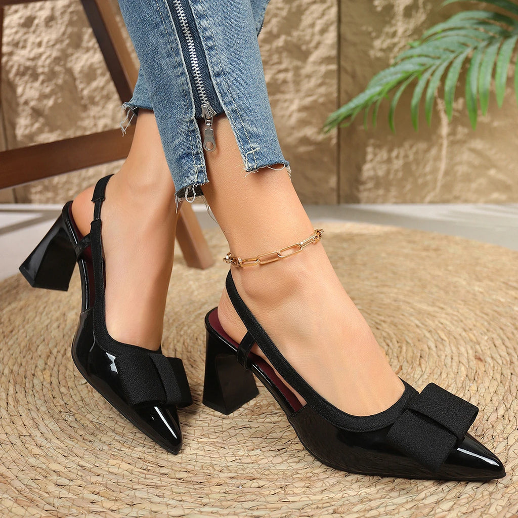 2026 Summer New Style Square Heel Women's High Heels Sexy Pointed Toe Casual Platform Shoes Fashionable Bow  Jane Sandals