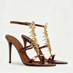 Fishbone Rhinestone Open Toe Stiletto Sandals Woman Summer 2026 Pointed Toe Ankle Strap High Heel Shoes Party Wedding