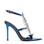 Fishbone Rhinestone Open Toe Stiletto Sandals Woman Summer 2026 Pointed Toe Ankle Strap High Heel Shoes Party Wedding
