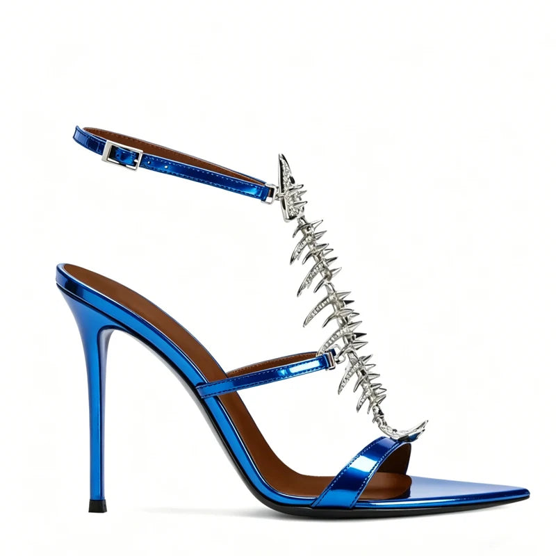 Fishbone Rhinestone Open Toe Stiletto Sandals Woman Summer 2026 Pointed Toe Ankle Strap High Heel Shoes Party Wedding